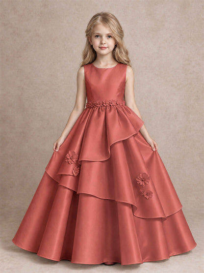 3D Floral Ruffled Satin Flower Girl Dress Floor Length Princess Gown for Wedding First Communion