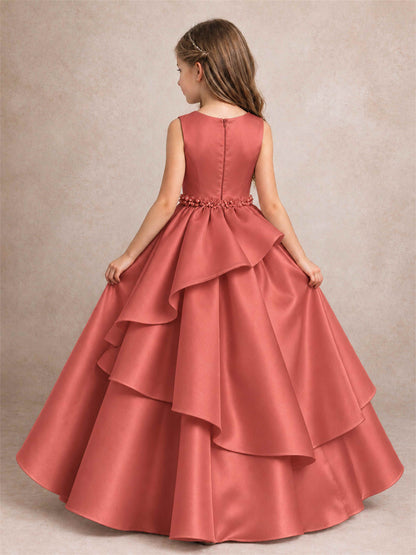3D Floral Ruffled Satin Flower Girl Dress Floor Length Princess Gown for Wedding First Communion