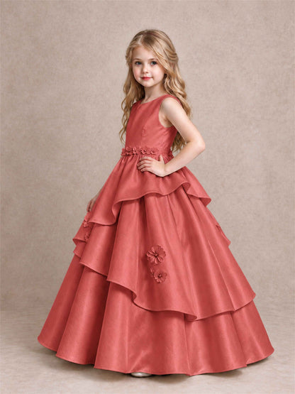 3D Floral Ruffled Satin Flower Girl Dress Floor Length Princess Gown for Wedding First Communion