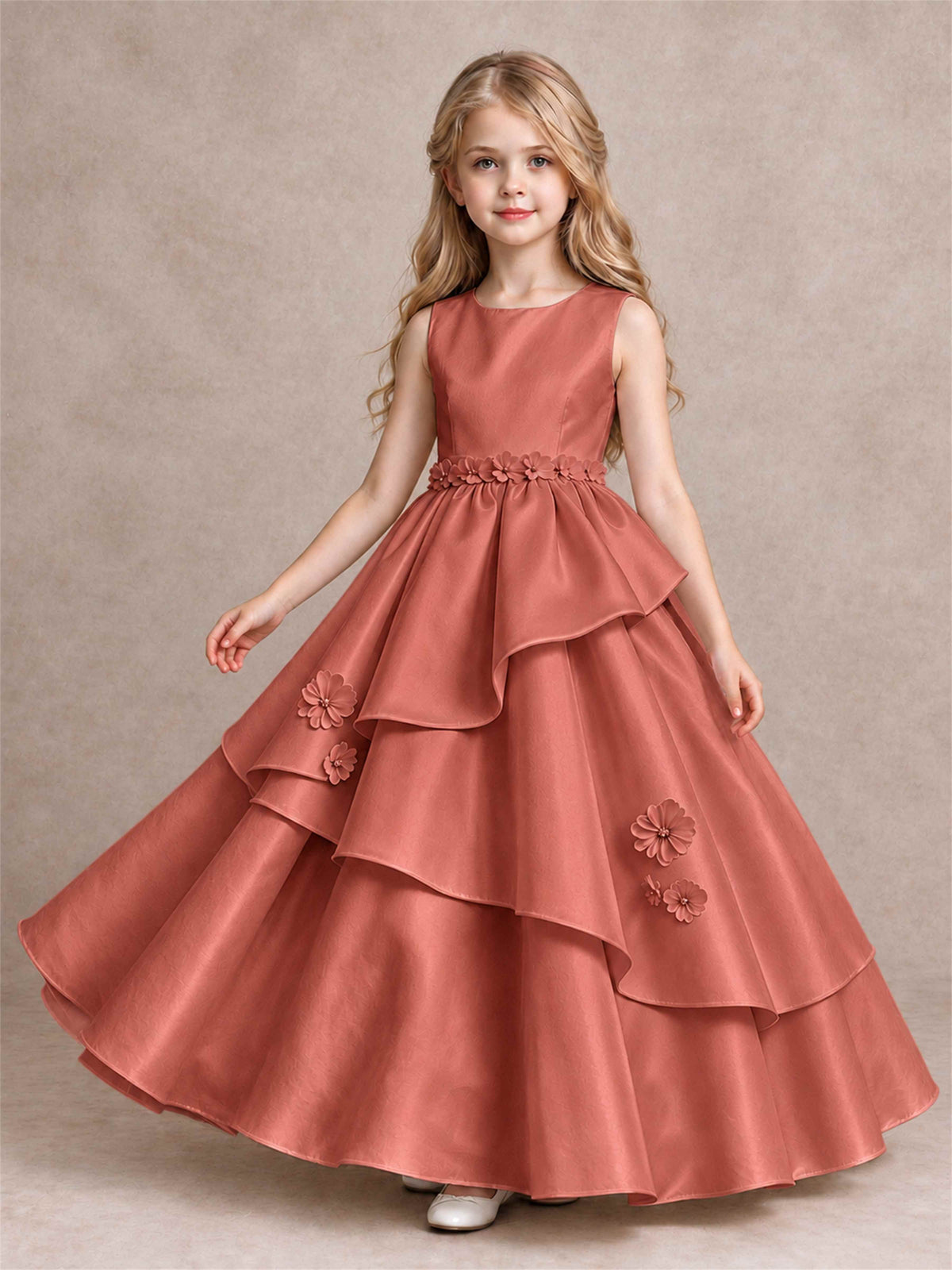 3D Floral Ruffled Satin Flower Girl Dress Floor Length Princess Gown for Wedding First Communion