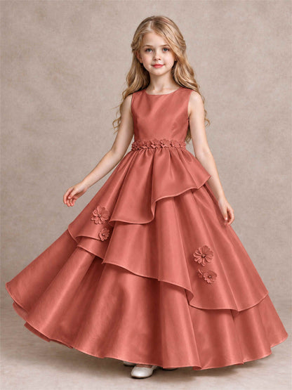 3D Floral Ruffled Satin Flower Girl Dress Floor Length Princess Gown for Wedding First Communion