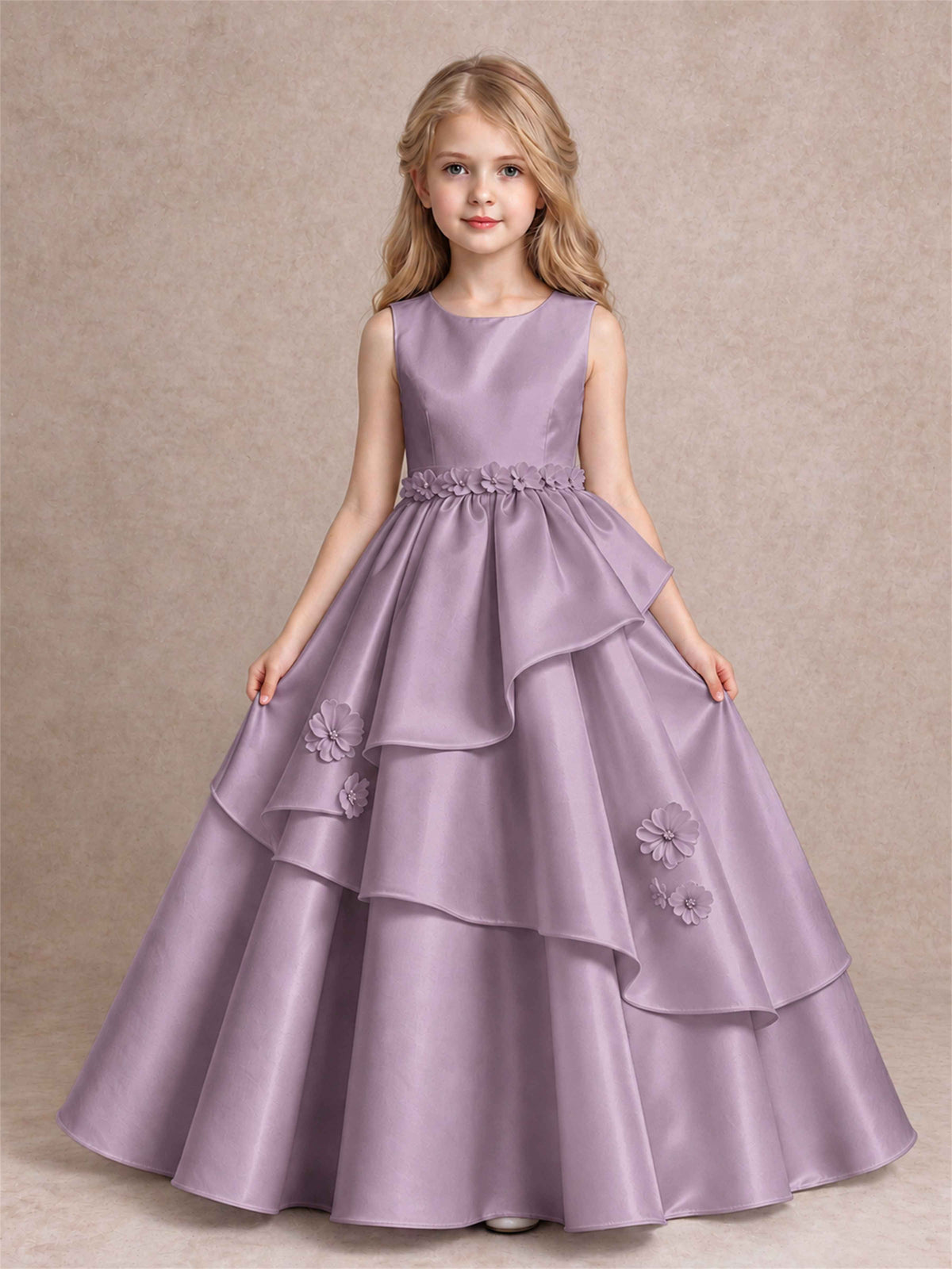 3D Floral Ruffled Satin Flower Girl Dress Floor Length Princess Gown for Wedding First Communion