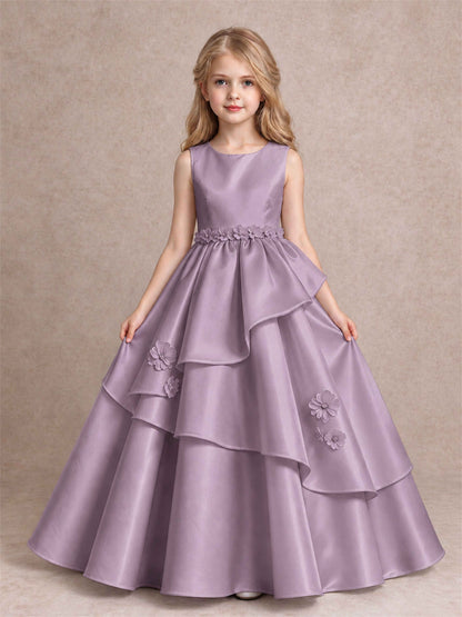 3D Floral Ruffled Satin Flower Girl Dress Floor Length Princess Gown for Wedding First Communion