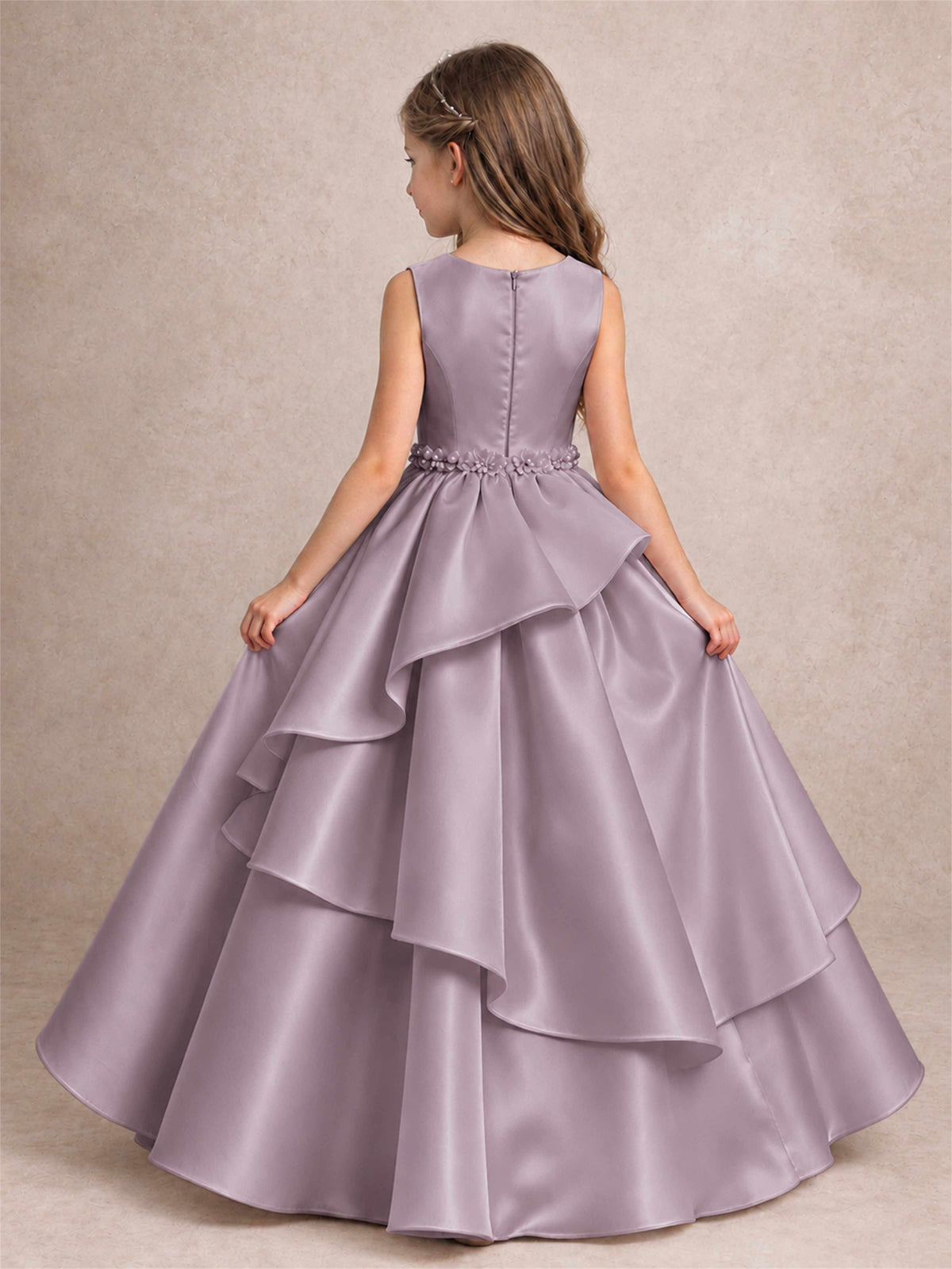 3D Floral Ruffled Satin Flower Girl Dress Floor Length Princess Gown for Wedding First Communion