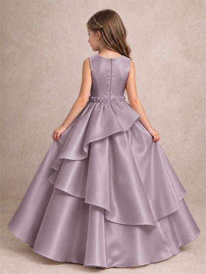 3D Floral Ruffled Satin Flower Girl Dress Floor Length Princess Gown for Wedding First Communion