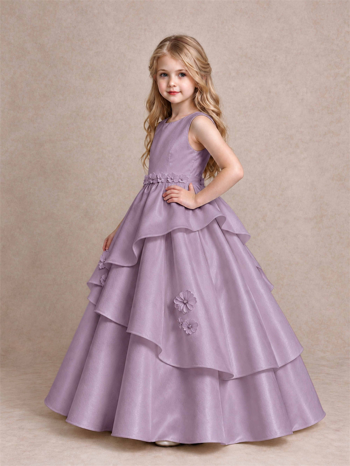 3D Floral Ruffled Satin Flower Girl Dress Floor Length Princess Gown for Wedding First Communion
