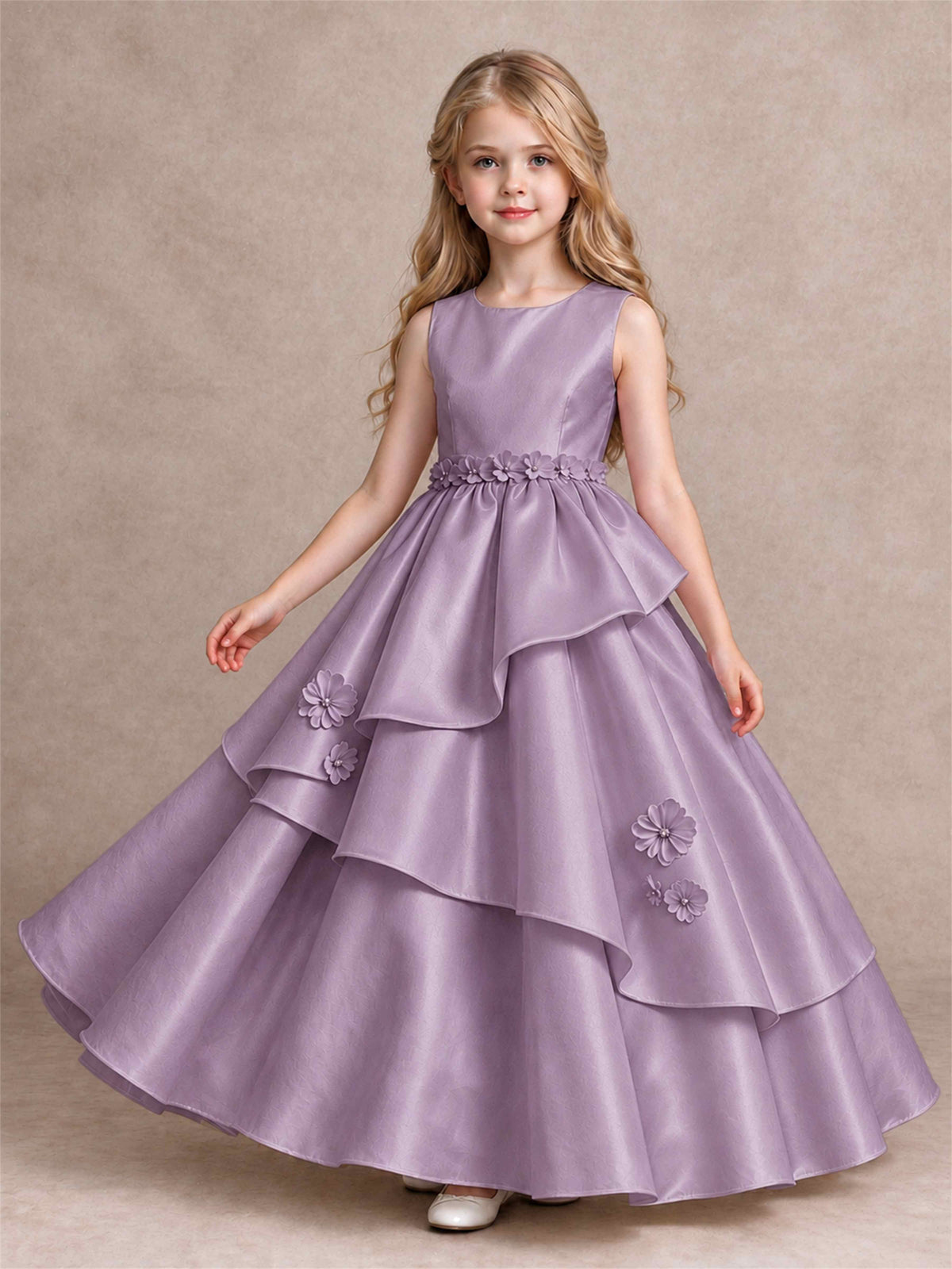 3D Floral Ruffled Satin Flower Girl Dress Floor Length Princess Gown for Wedding First Communion
