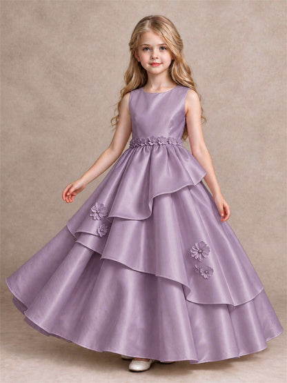 3D Floral Ruffled Satin Flower Girl Dress Floor Length Princess Gown for Wedding First Communion