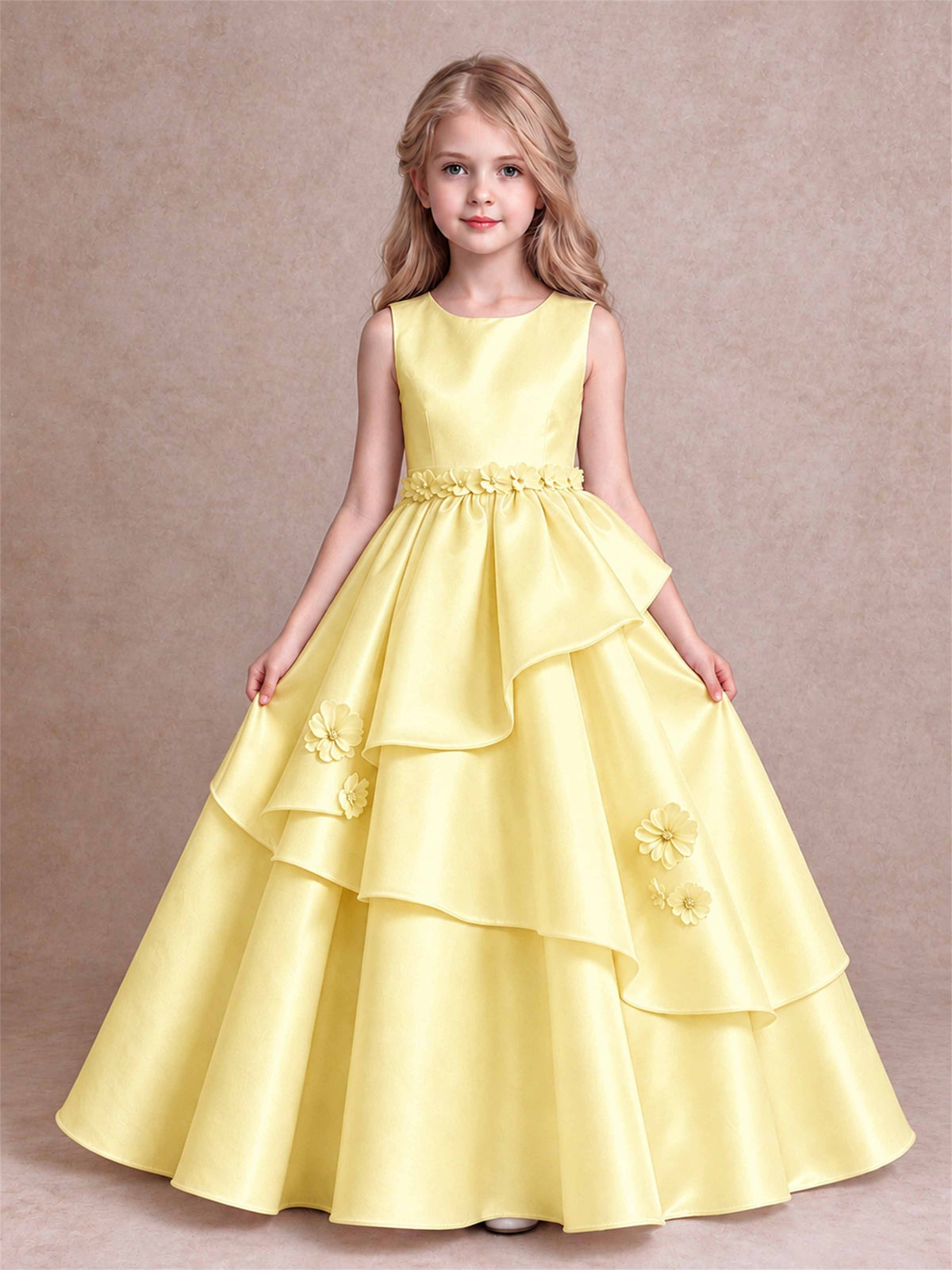 3D Floral Ruffled Satin Flower Girl Dress Floor Length Princess Gown for Wedding First Communion