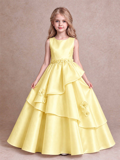 3D Floral Ruffled Satin Flower Girl Dress Floor Length Princess Gown for Wedding First Communion