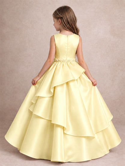 3D Floral Ruffled Satin Flower Girl Dress Floor Length Princess Gown for Wedding First Communion