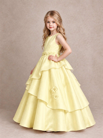 3D Floral Ruffled Satin Flower Girl Dress Floor Length Princess Gown for Wedding First Communion