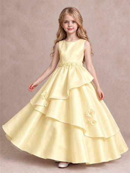 3D Floral Ruffled Satin Flower Girl Dress Floor Length Princess Gown for Wedding First Communion