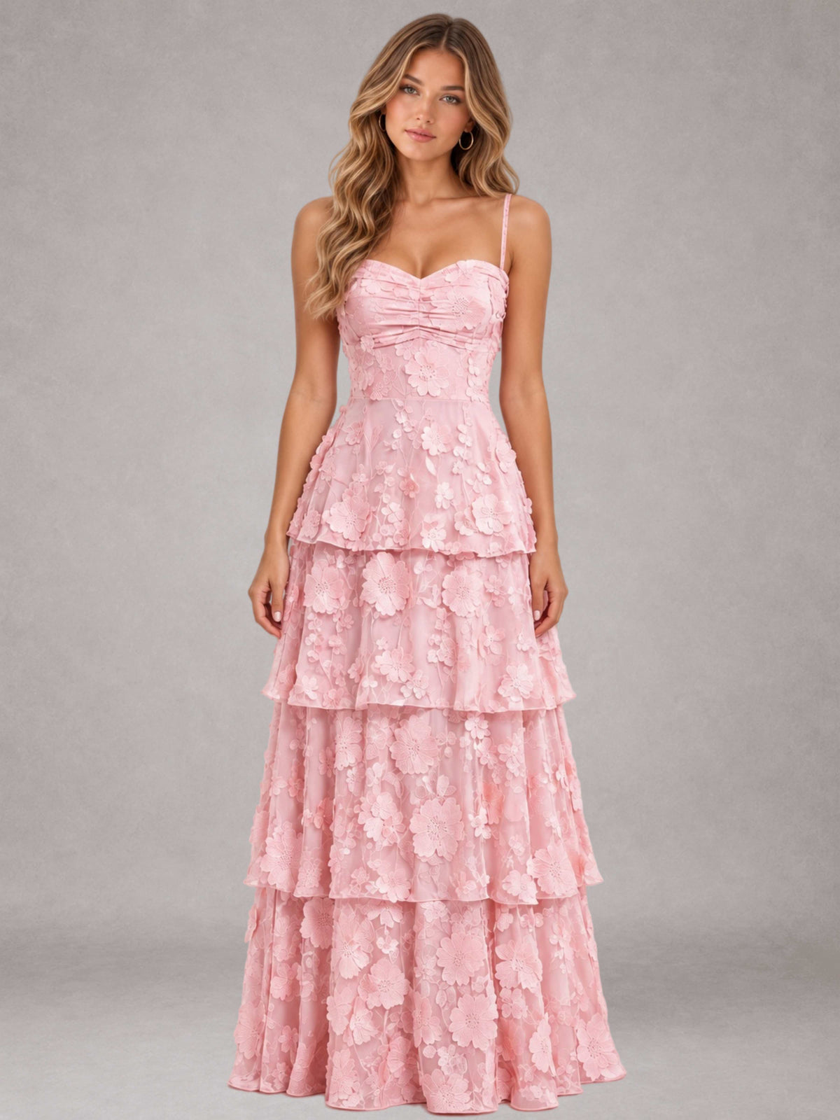 Free Shipping 3D Floral Spaghetti Straps Sweetheart Tiered Long Wedding Guest Dress