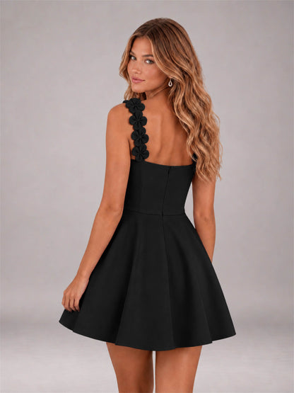 Black 3D Floral Strap Square Neck A-Line Mini Homecoming Dress