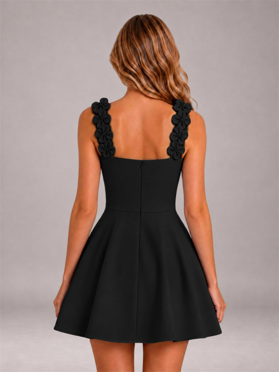 Black 3D Floral Strap Square Neck A-Line Mini Homecoming Dress