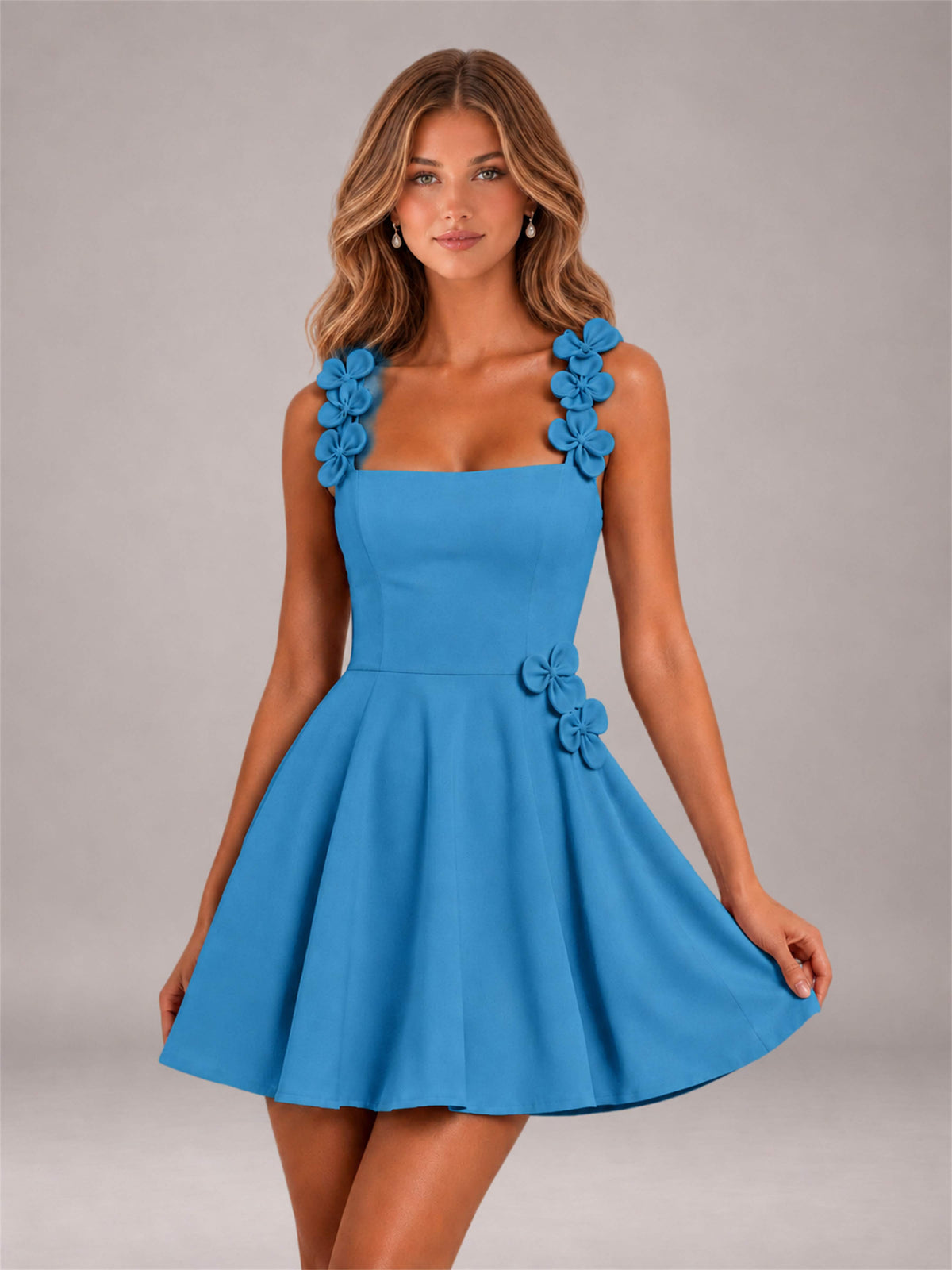 Blue 3D Floral Strap Square Neck A-Line Mini Homecoming Dress