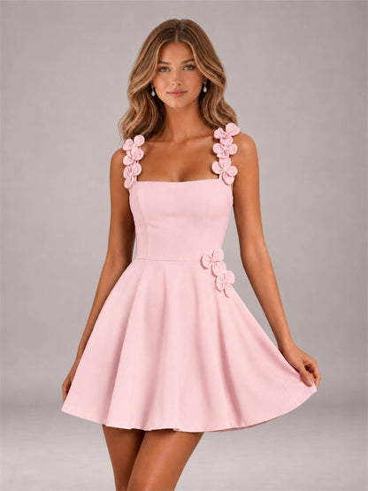 Blush Pink 3D Floral Strap Square Neck A-Line Mini Homecoming Dress
