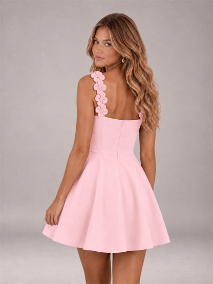 Blush Pink 3D Floral Strap Square Neck A-Line Mini Homecoming Dress