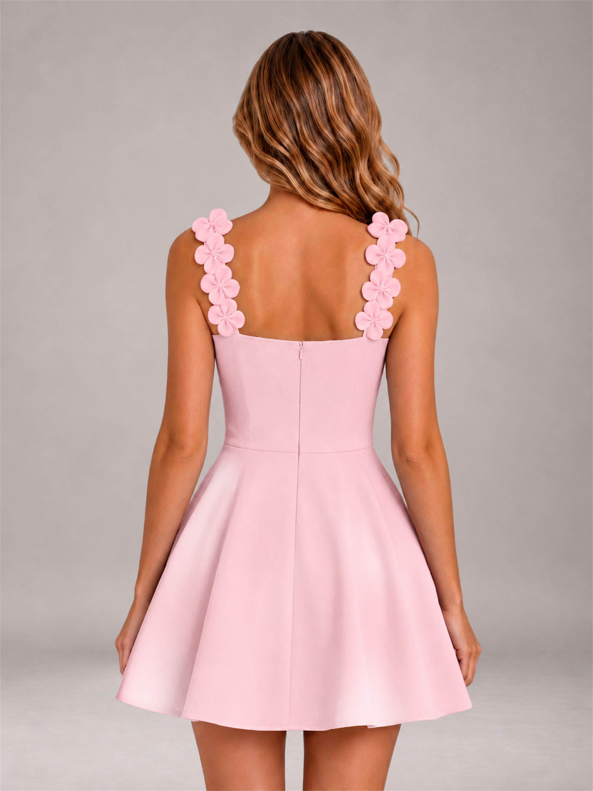 Blush Pink 3D Floral Strap Square Neck A-Line Mini Homecoming Dress