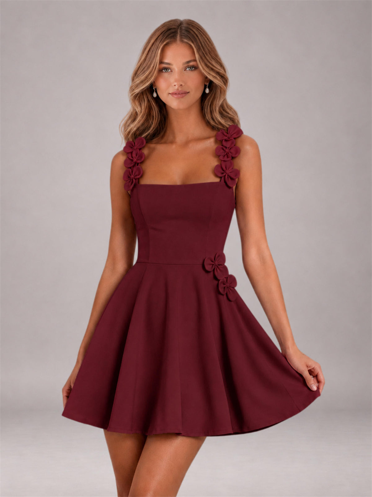 Burgundy 3D Floral Strap Square Neck A-Line Mini Homecoming Dress