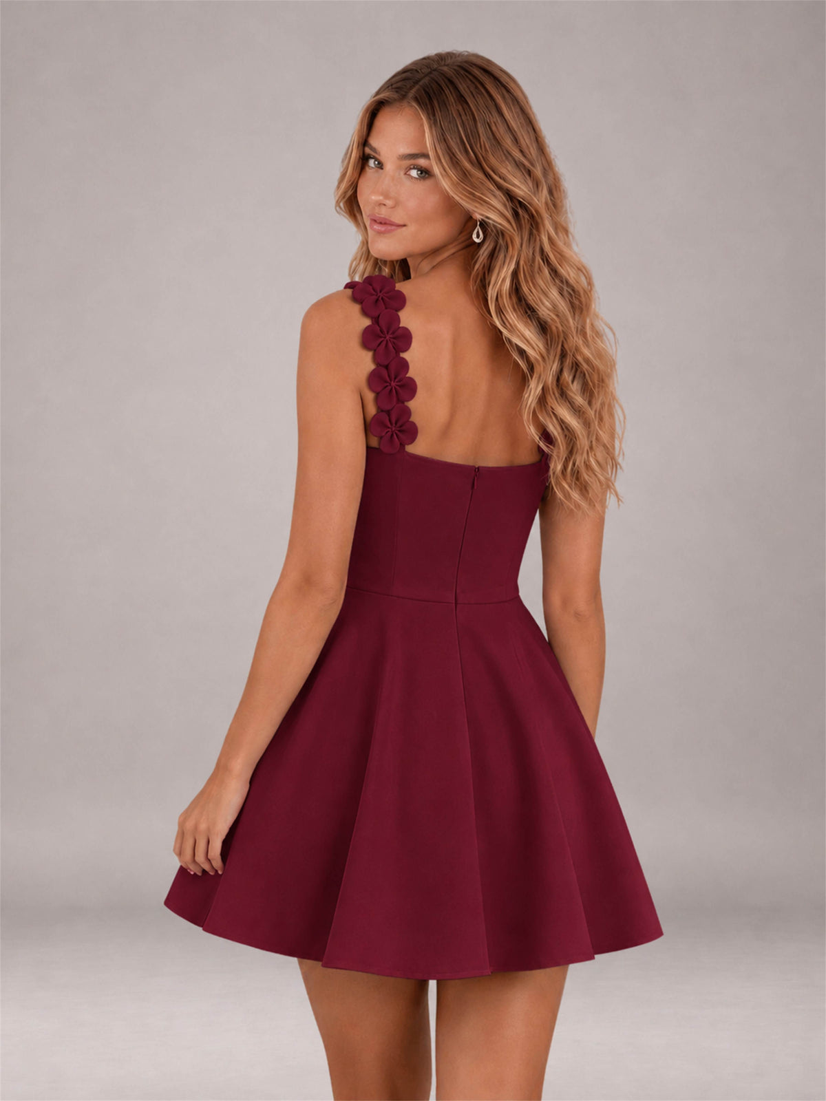 Burgundy 3D Floral Strap Square Neck A-Line Mini Homecoming Dress
