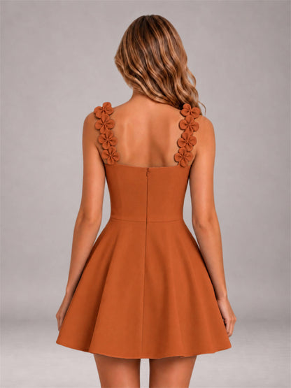 Burnt Orange 3D Floral Strap Square Neck A-Line Mini Homecoming Dress