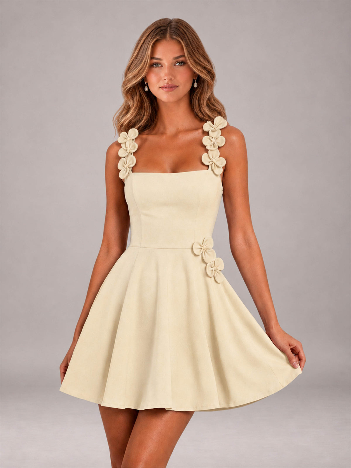 Champagne 3D Floral Strap Square Neck A-Line Mini Homecoming Dress
