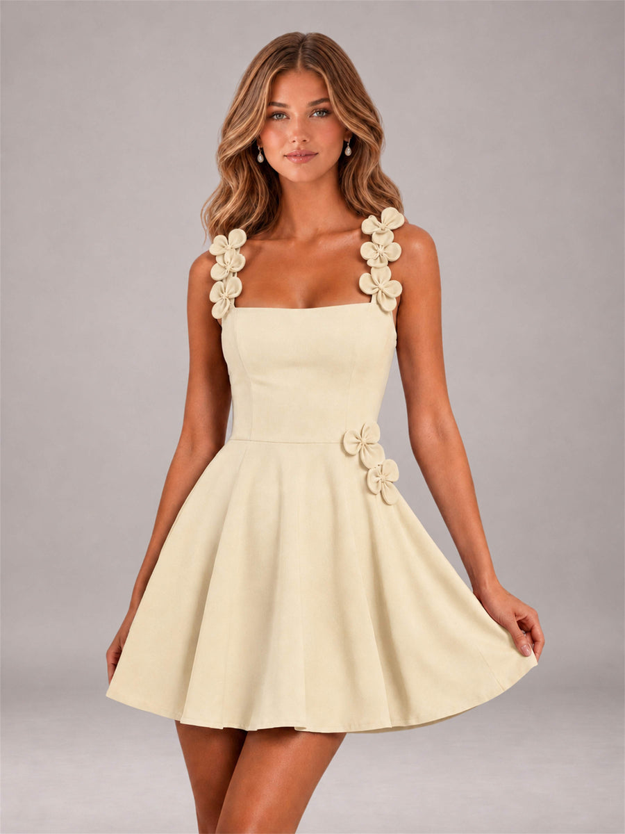 Champagne 3D Floral Strap Square Neck A-Line Mini Homecoming Dress
