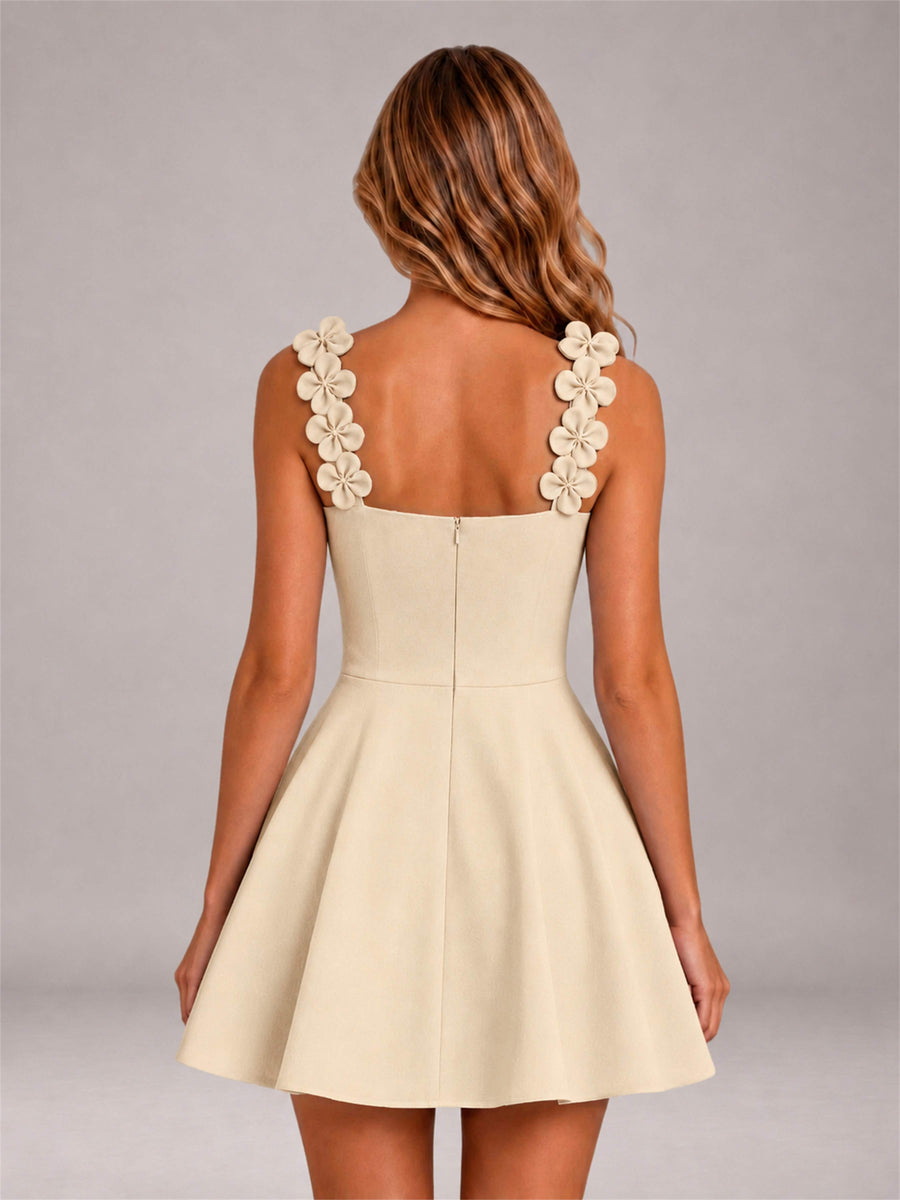 Champagne 3D Floral Strap Square Neck A-Line Mini Homecoming Dress