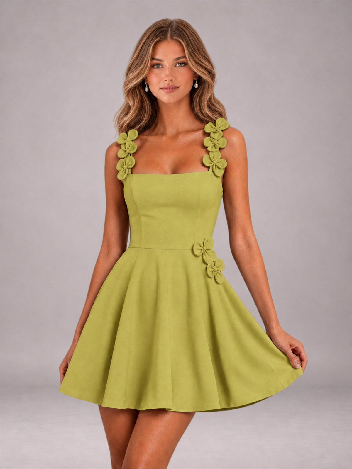 Chartreuse 3D Floral Strap Square Neck A-Line Mini Homecoming Dress