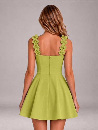 Chartreuse 3D Floral Strap Square Neck A-Line Mini Homecoming Dress