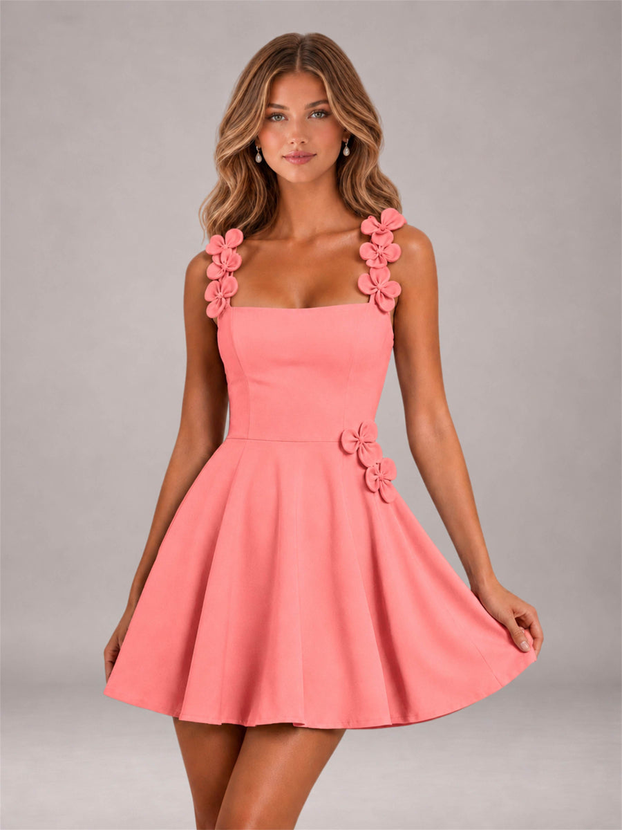 Coral 3D Floral Strap Square Neck A-Line Mini Homecoming Dress