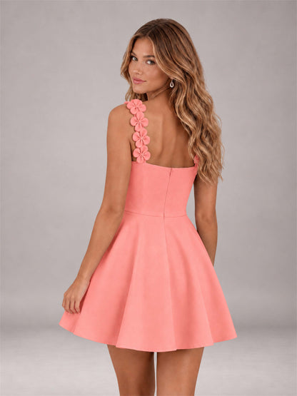 Coral 3D Floral Strap Square Neck A-Line Mini Homecoming Dress