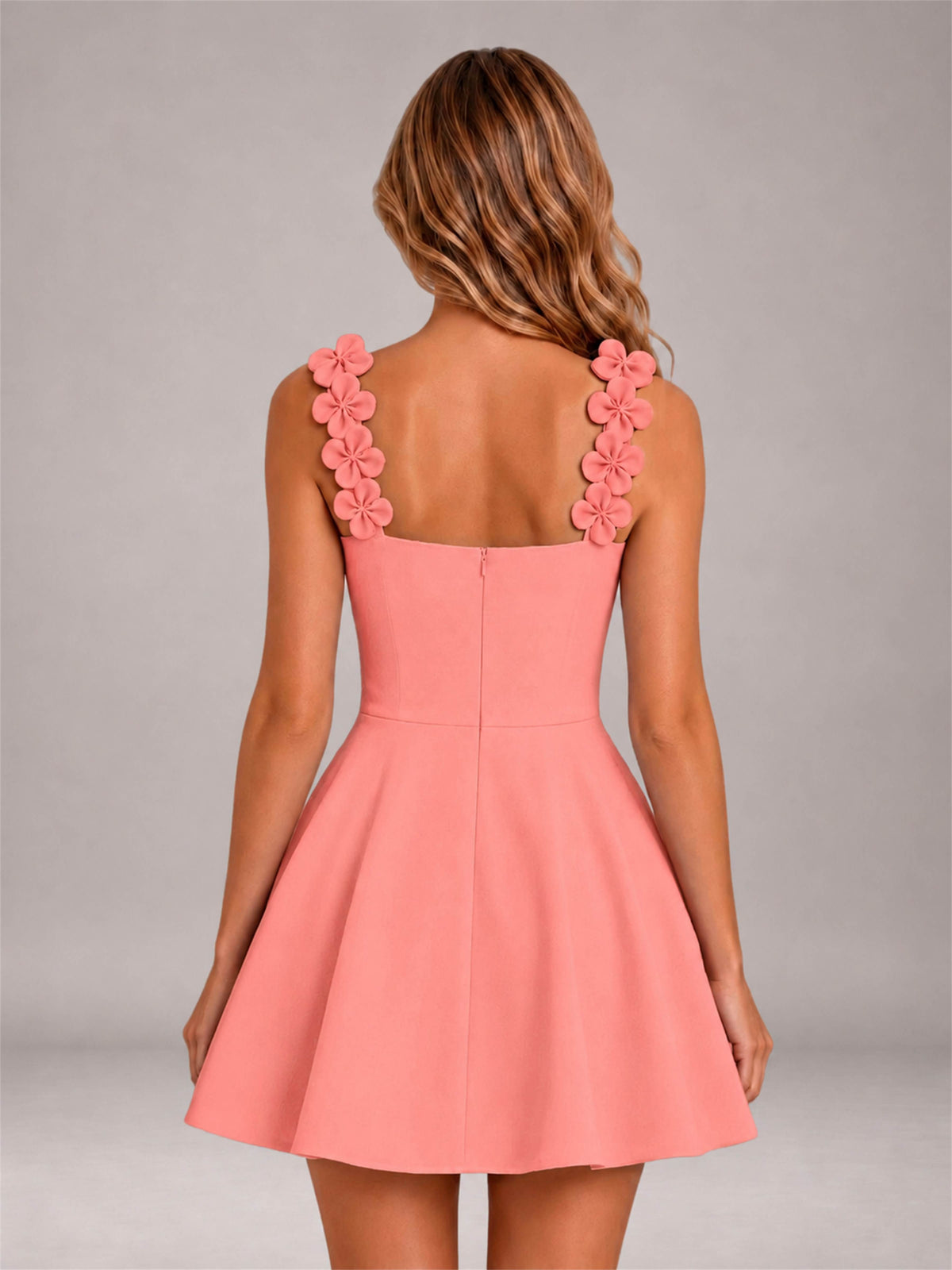 Coral 3D Floral Strap Square Neck A-Line Mini Homecoming Dress