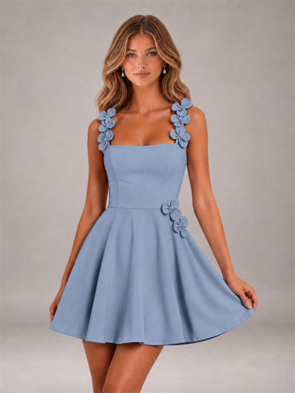 Dusty Blue 3D Floral Strap Square Neck A-Line Mini Homecoming Dress