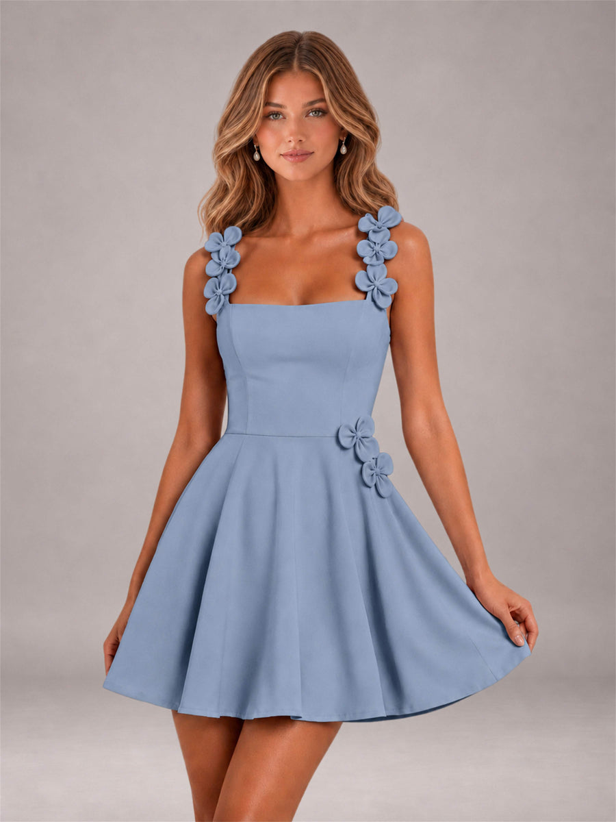 Dusty Blue 3D Floral Strap Square Neck A-Line Mini Homecoming Dress