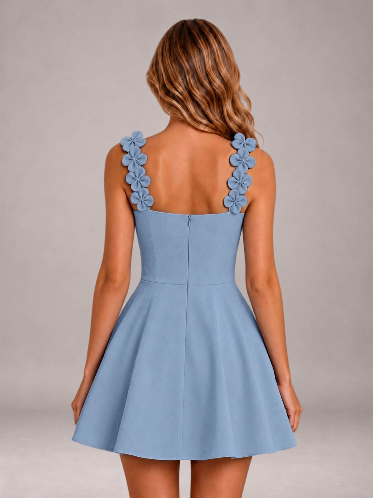 Dusty Blue 3D Floral Strap Square Neck A-Line Mini Homecoming Dress