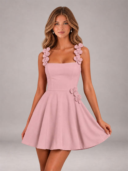 Dusty Rose 3D Floral Strap Square Neck A-Line Mini Homecoming Dress