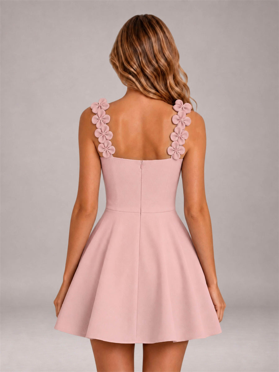 Dusty Rose 3D Floral Strap Square Neck A-Line Mini Homecoming Dress