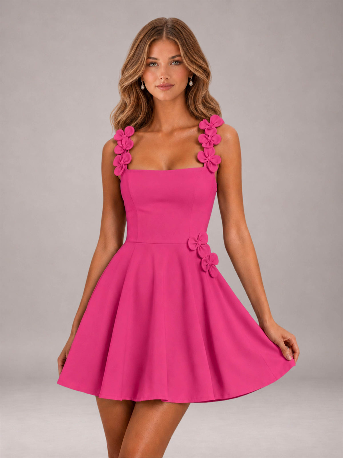 Hot Pink 3D Floral Strap Square Neck A-Line Mini Homecoming Dress