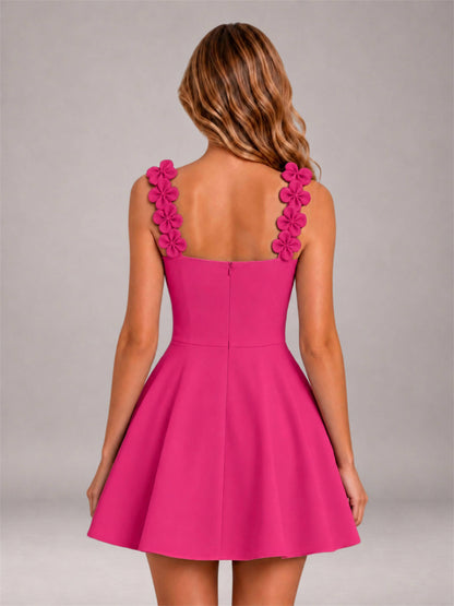 Hot Pink 3D Floral Strap Square Neck A-Line Mini Homecoming Dress