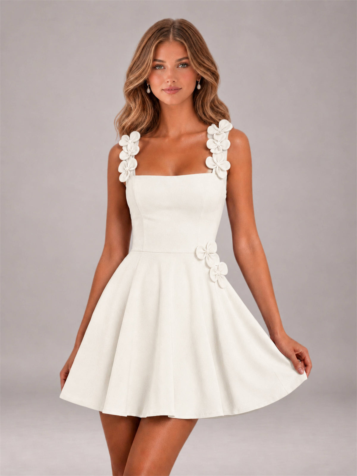 Ivory 3D Floral Strap Square Neck A-Line Mini Homecoming Dress