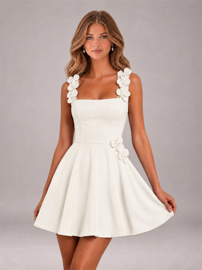 Ivory 3D Floral Strap Square Neck A-Line Mini Homecoming Dress