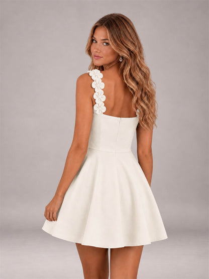 Ivory 3D Floral Strap Square Neck A-Line Mini Homecoming Dress