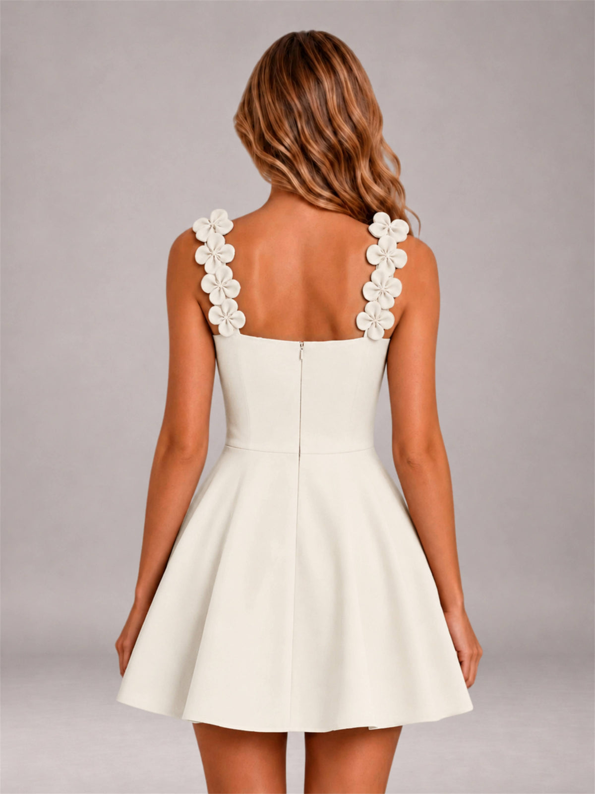 Ivory 3D Floral Strap Square Neck A-Line Mini Homecoming Dress
