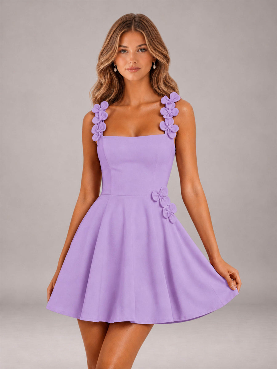Lavender 3D Floral Strap Square Neck A-Line Mini Homecoming Dress