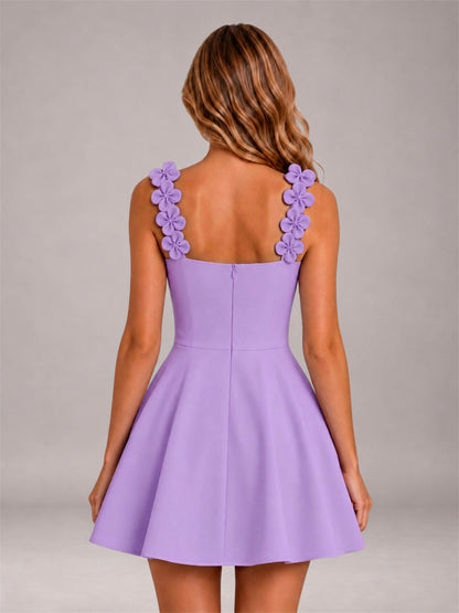 Lavender 3D Floral Strap Square Neck A-Line Mini Homecoming Dress