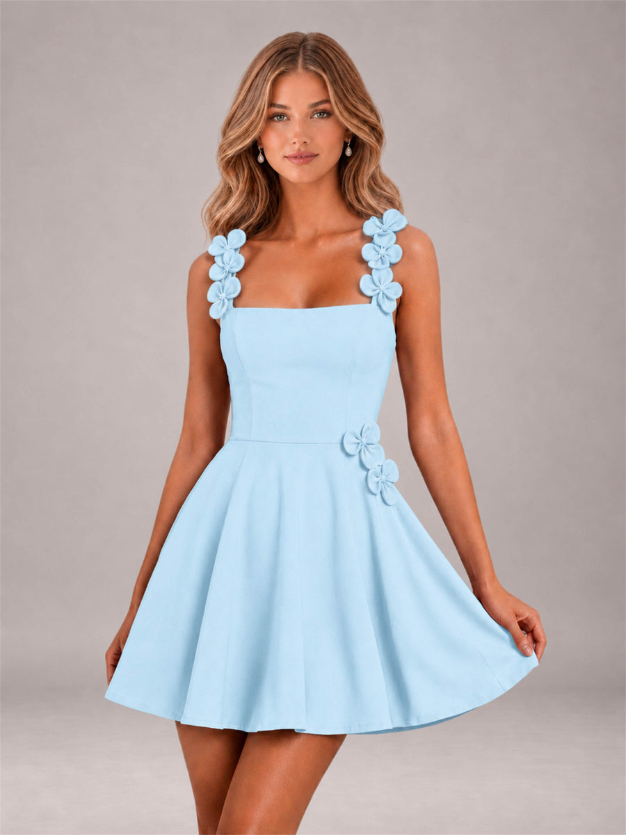 Light Blue 3D Floral Strap Square Neck A-Line Mini Homecoming Dress