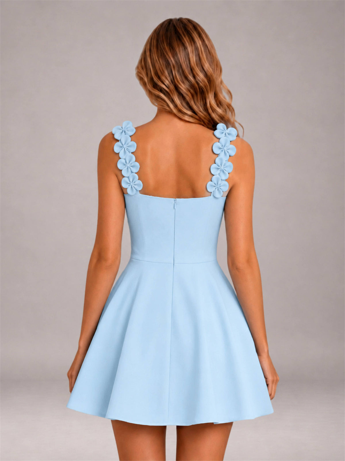 Light Blue 3D Floral Strap Square Neck A-Line Mini Homecoming Dress